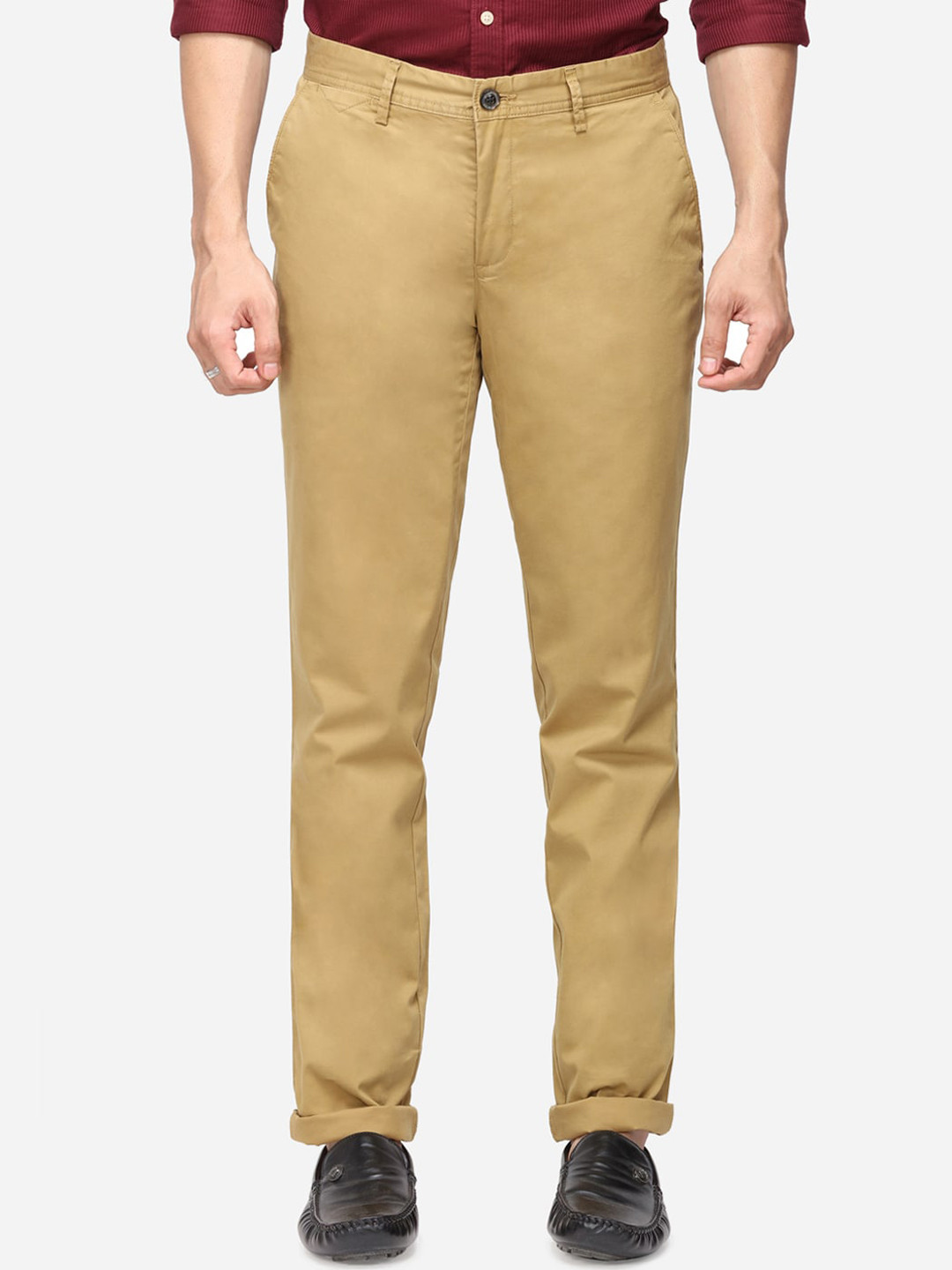

JADE BLUE Men Khaki Solid Regular Trousers