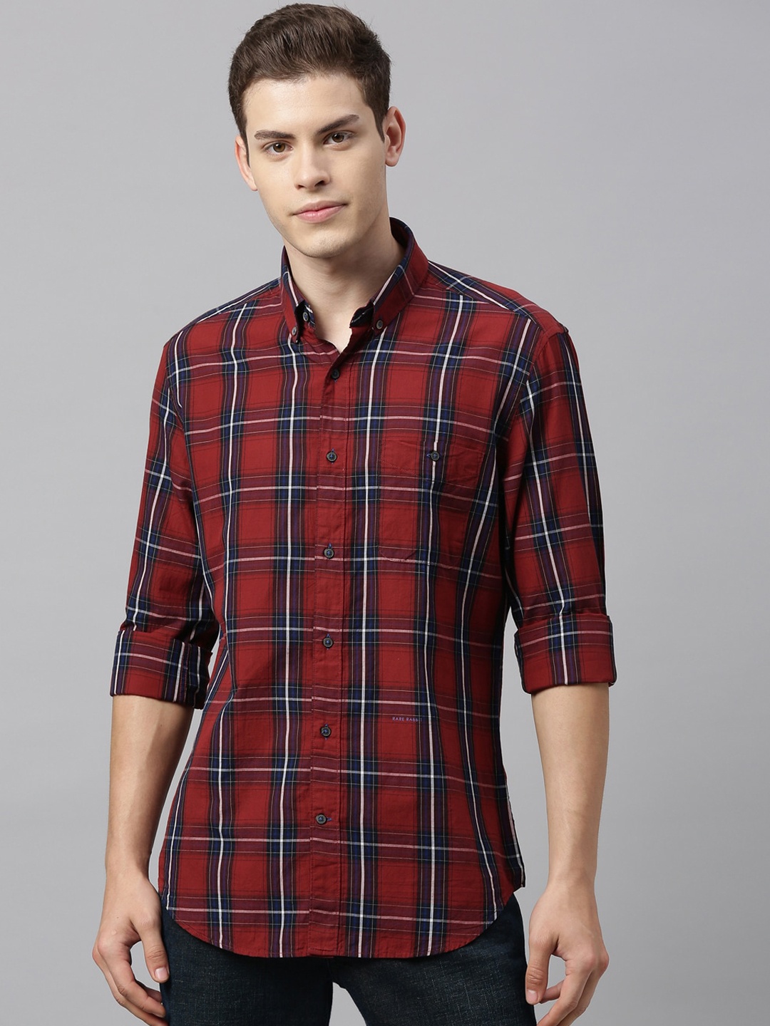 RARE RABBIT Men Rusto Regular Fit Checked Shirt, Maroon