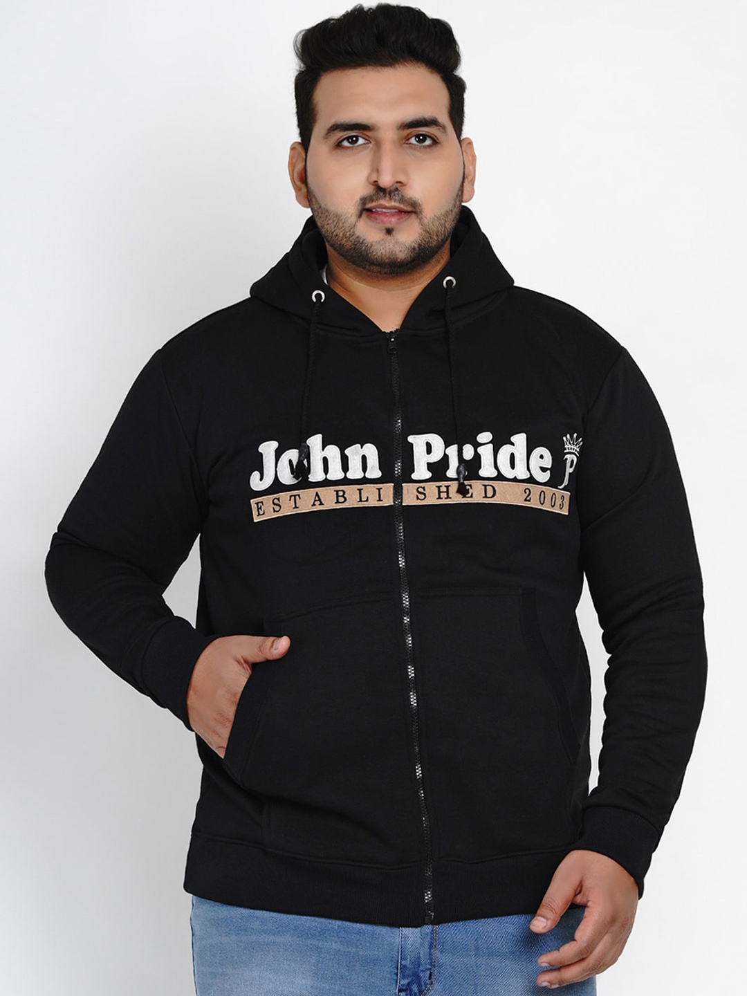 

John Pride Plus Size Men Black Printed Hooded Sweatshirt