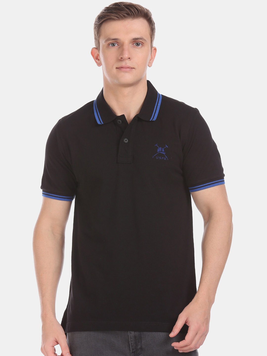 

U.S. Polo Assn. Men Black Solid Polo Collar Pure Cotton T-shirt