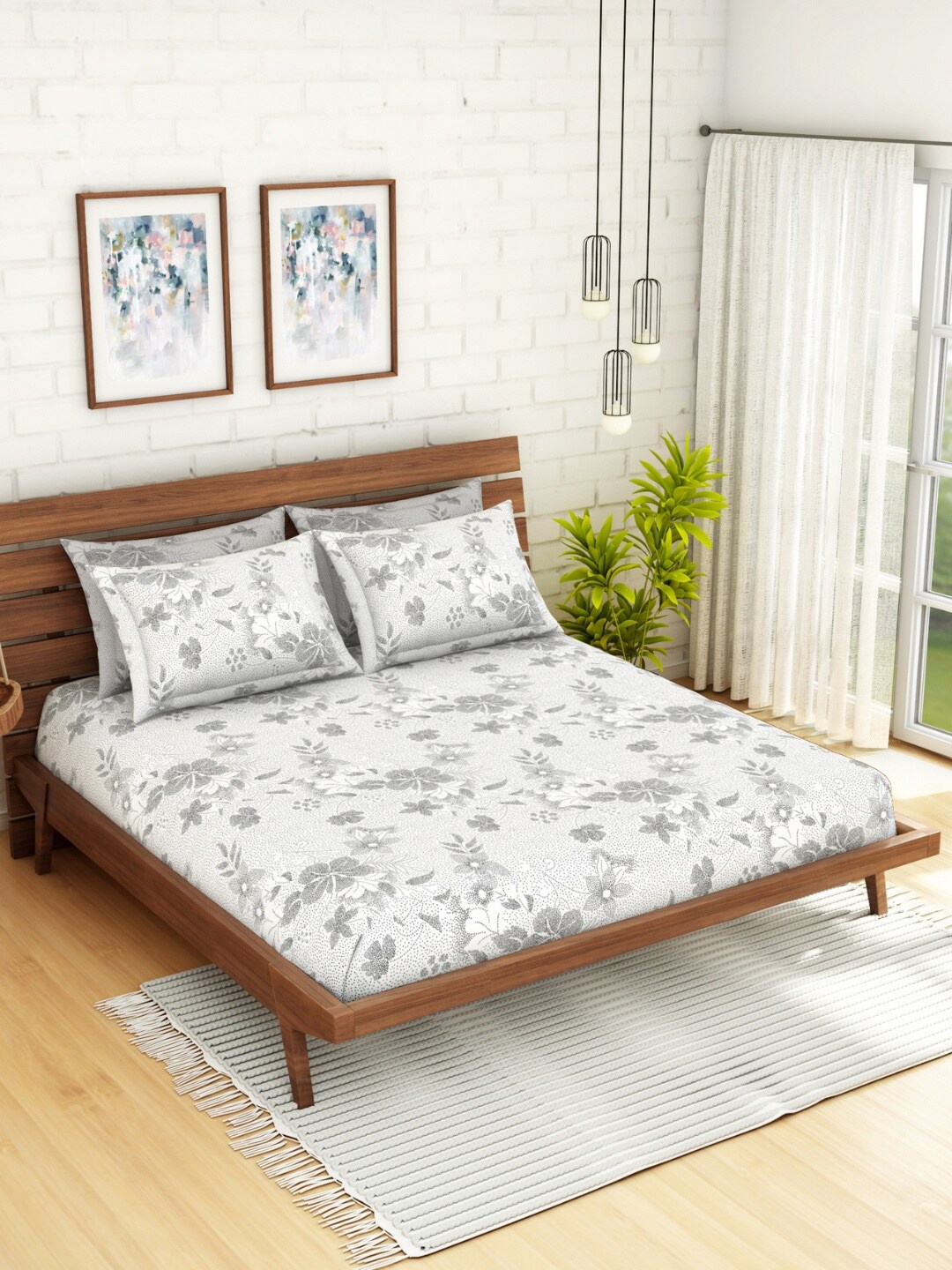 

SPACES Grey Floral 400 TC Cotton 1 King Bedsheet with 4 Pillow Covers