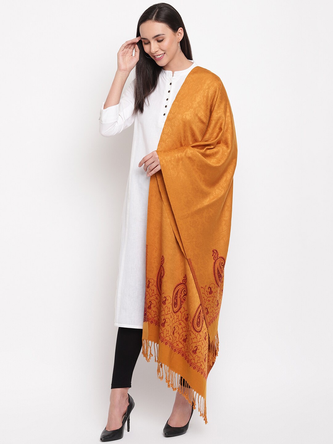 

HK colours of fashion Women Mustard Yellow Embroidered Stole
