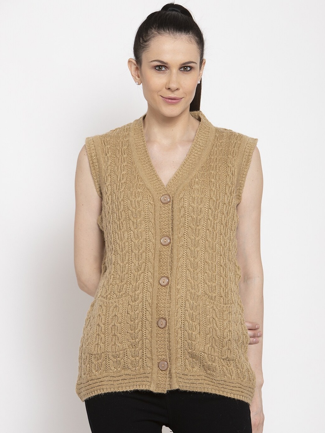 

VANYA Women Beige Self Design Cardigan Sweater