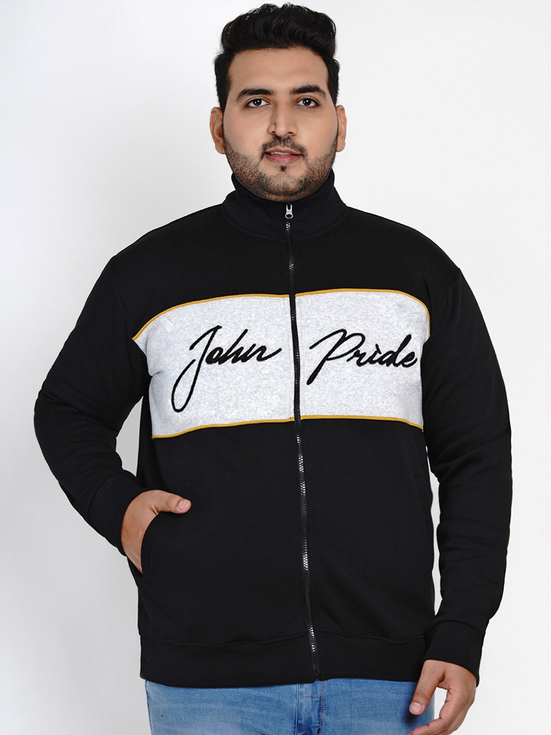 

John Pride Men Black & Grey Melange Printed Hooded Plus Size Sweatshirt