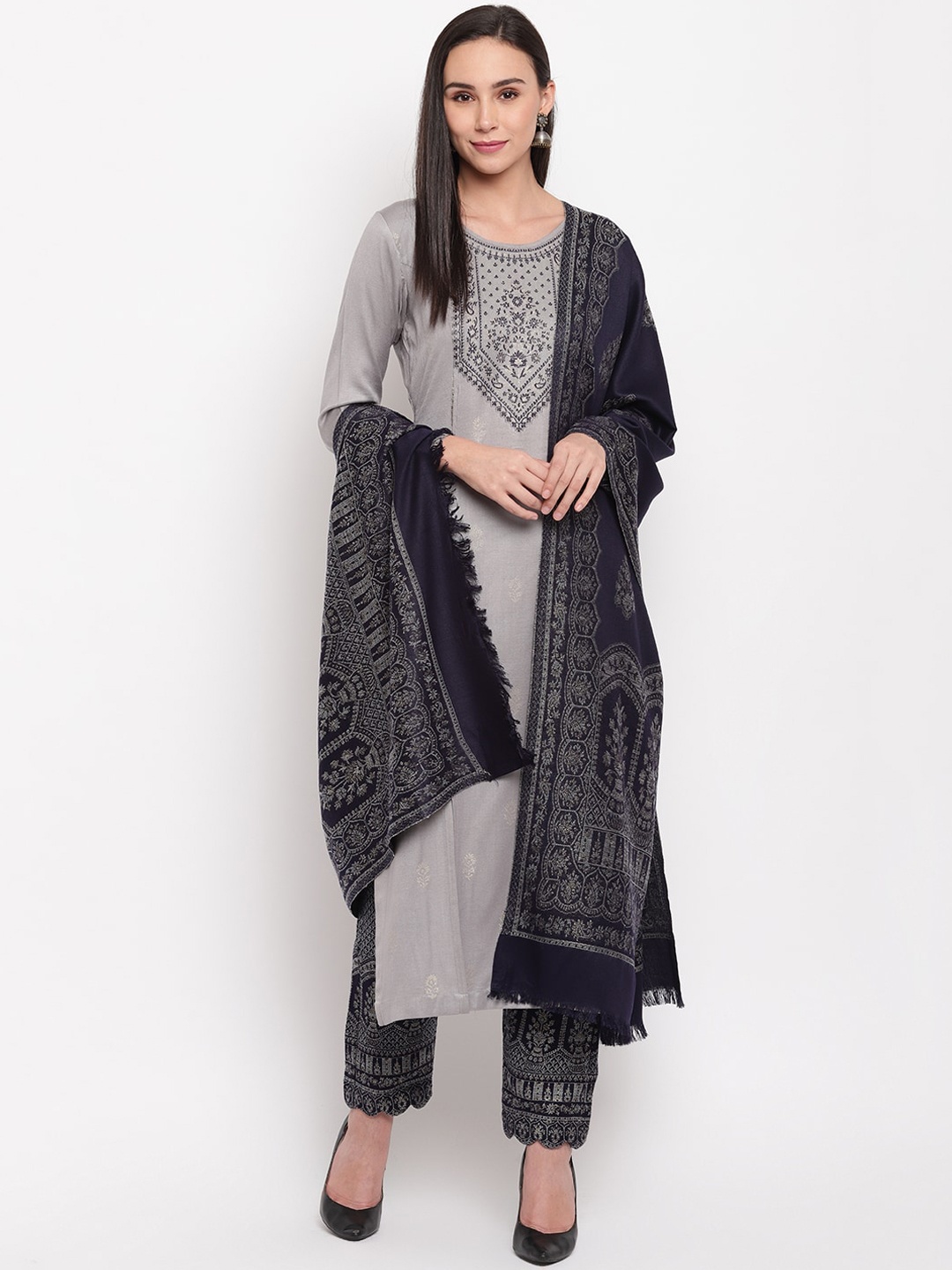 

HK colours of fashion Grey Viscose Rayon Unstitched Dress Material