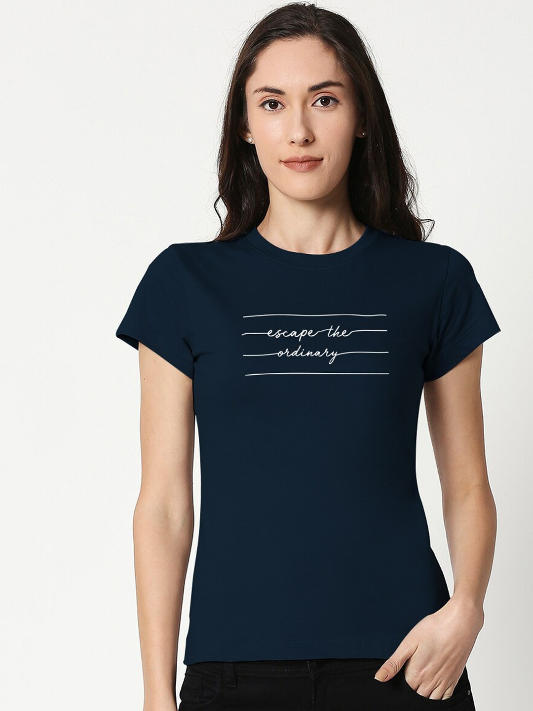 

Bewakoof Women Blue Printed Round Neck Slim Fit T-shirt