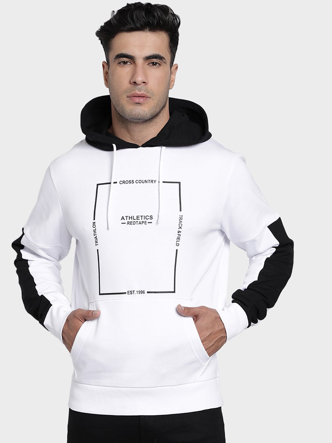 

Red Tape Men White & Black Colourblocked Hooded Sweatshirt