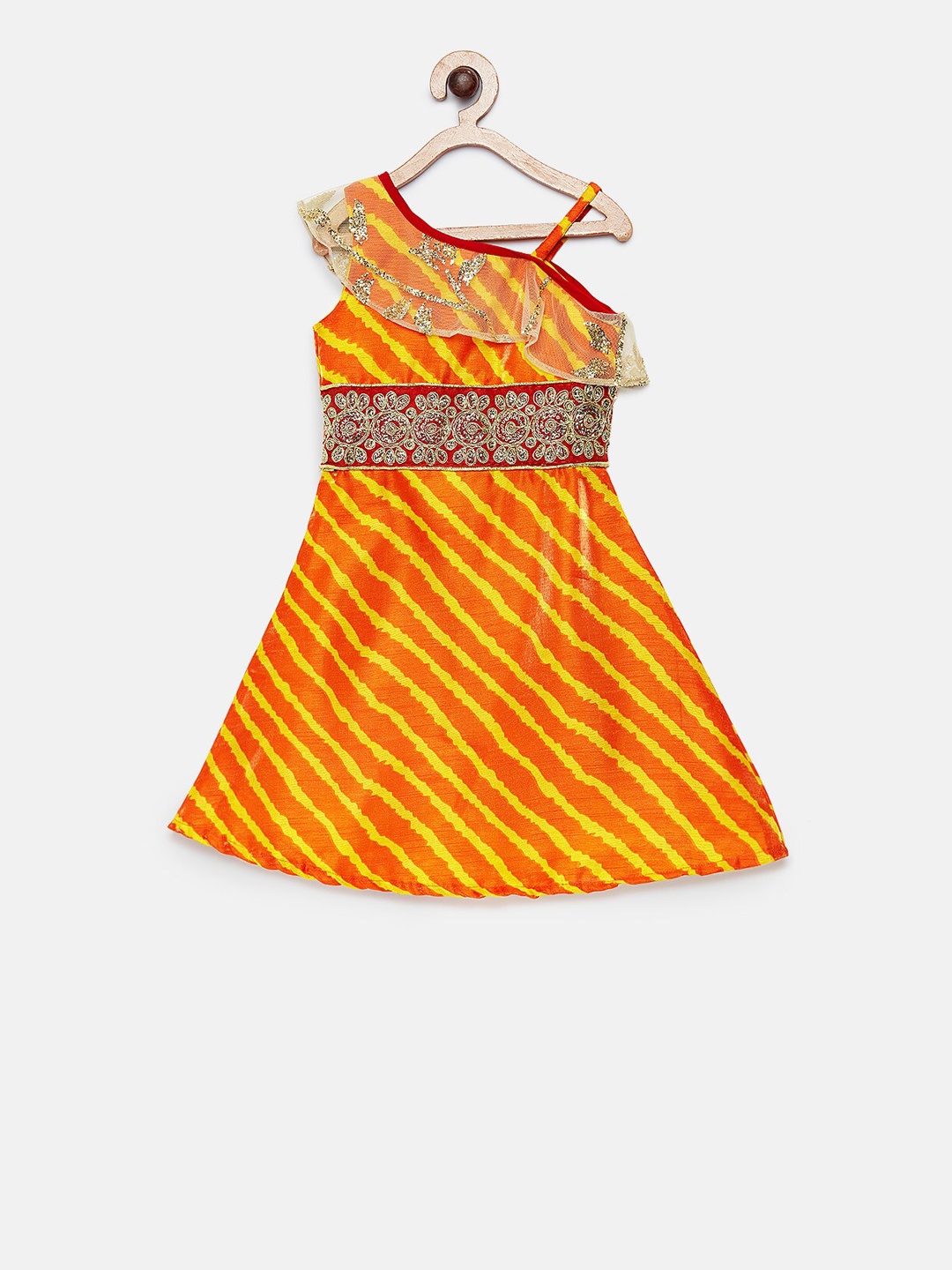 

MANY FROCKS & Girls Orange Striped Fit and Flare Dress