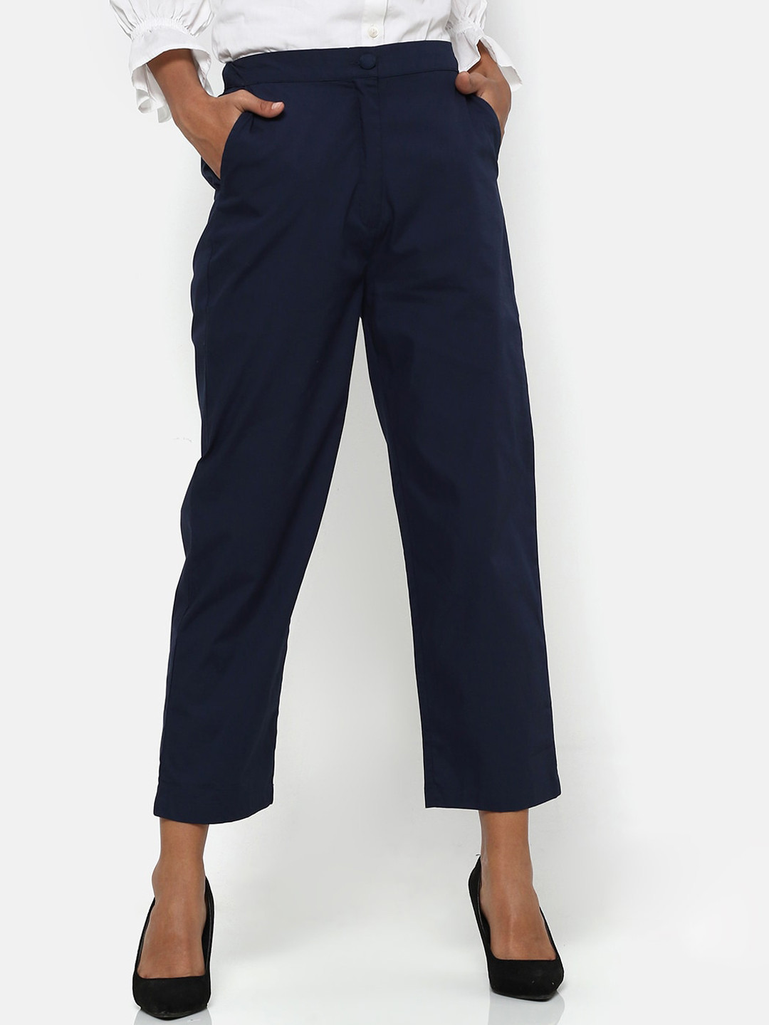 

Saaki Women Navy Blue Solid Regular Trousers