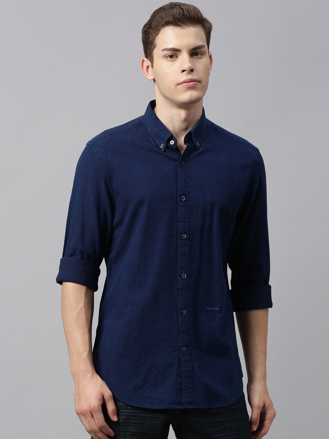 

RARE RABBIT Men Navy Blue Slim Fit Self Design Casual Shirt