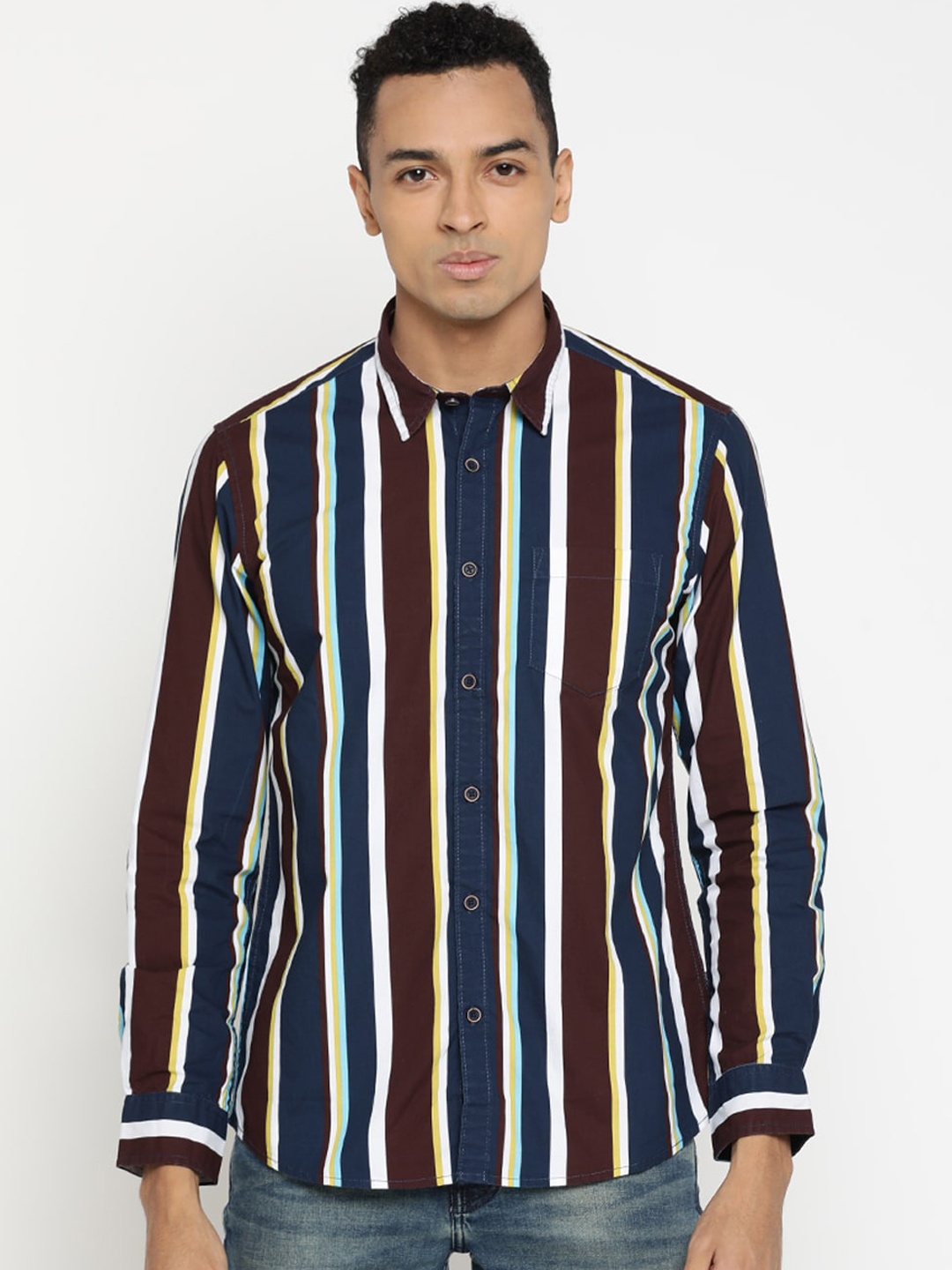 

Pepe Jeans Men Maroon & Navy Blue Regular Fit Striped Casual Shirt