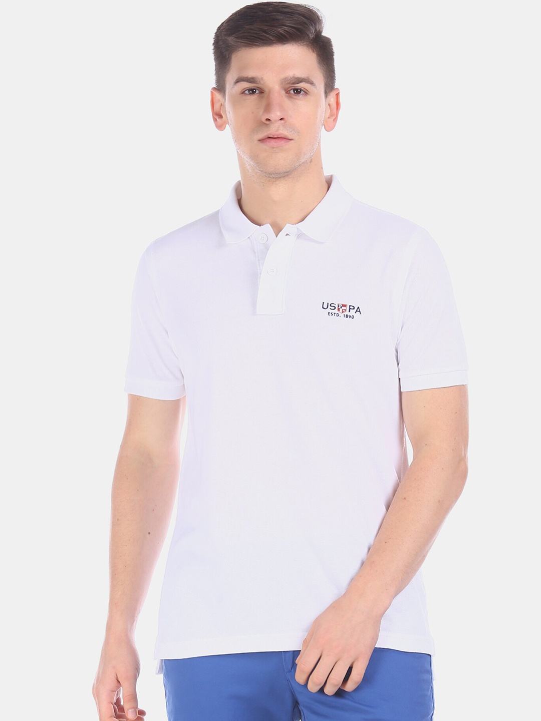 

U.S. Polo Assn. Men White Solid Polo Collar Pure Cotton T-shirt