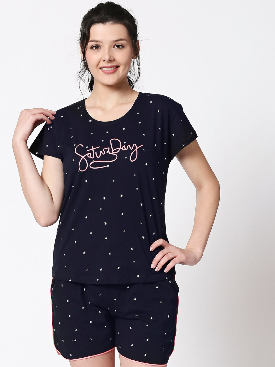 

I like me Women Navy Blue & Pink Printed Night Suit