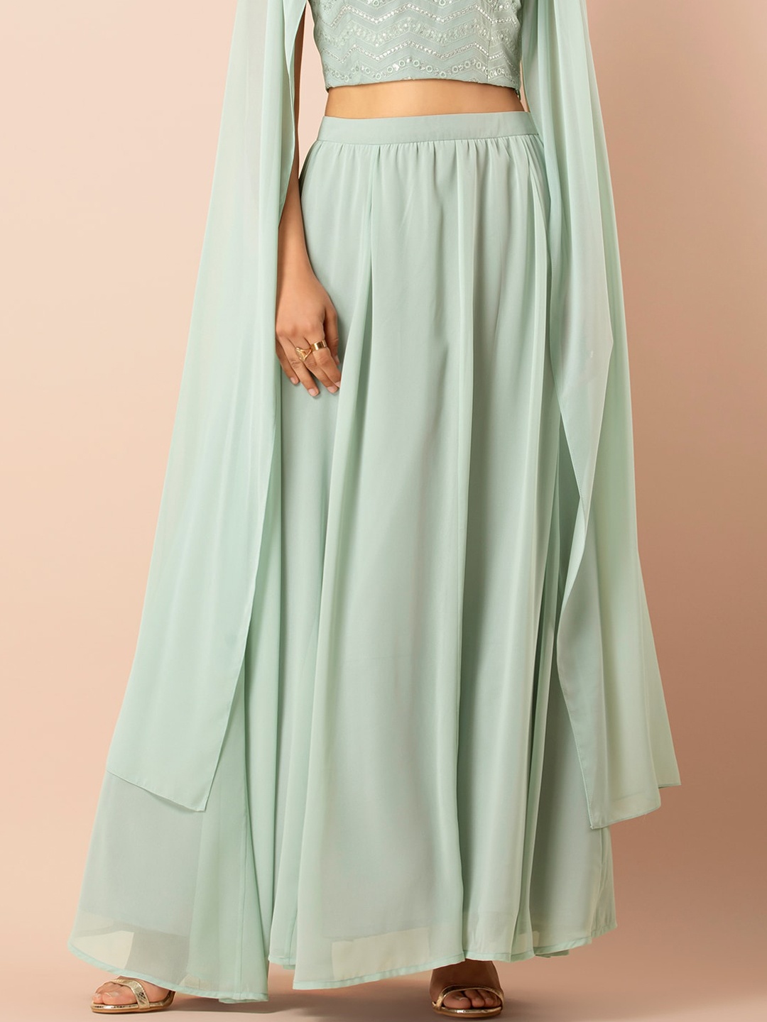 

INDYA Women Sea Green Solid Flared Maxi Skirt