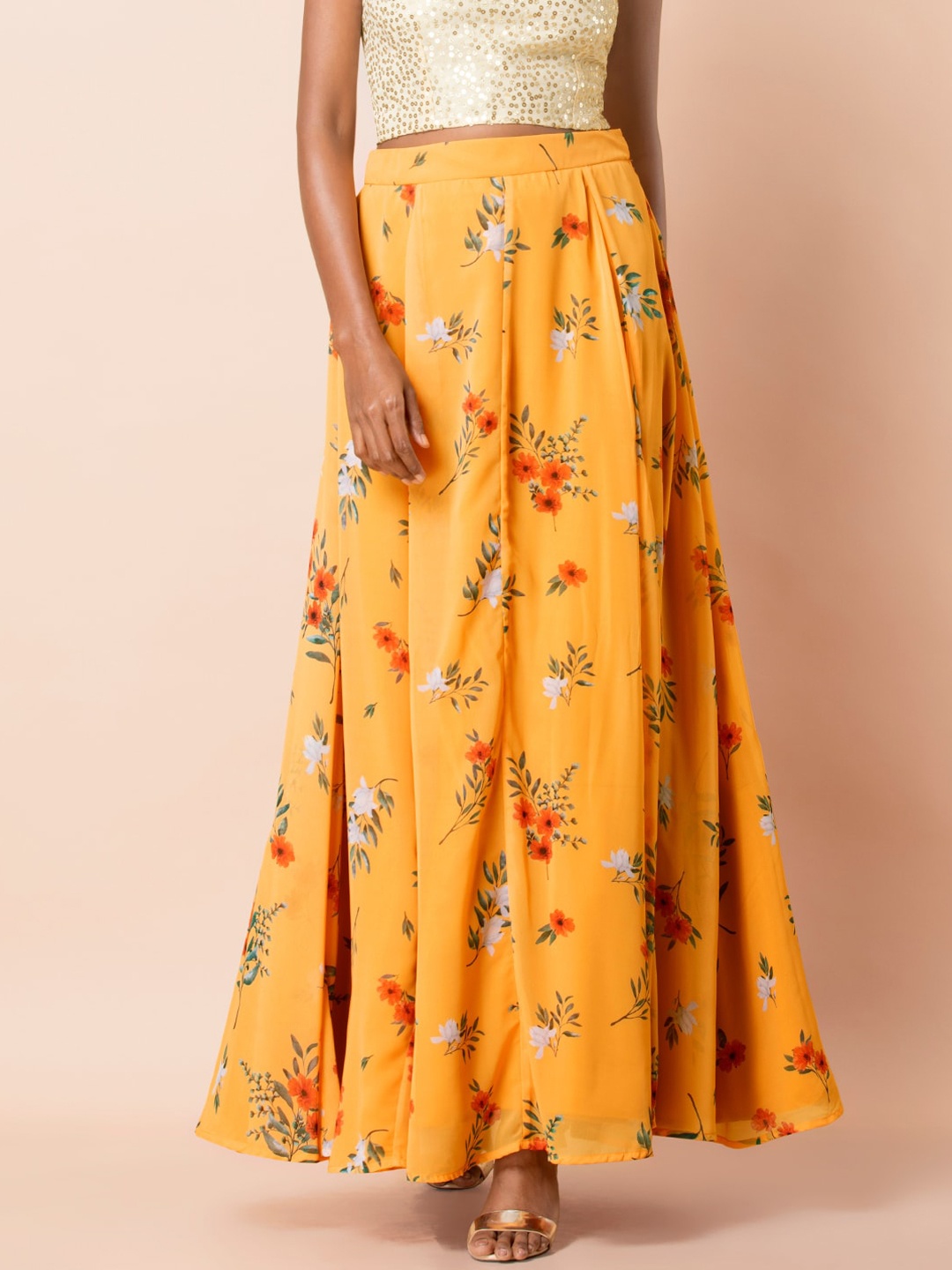 

INDYA Women Mustard Yellow & Green Floral Printed Maxi Skirt