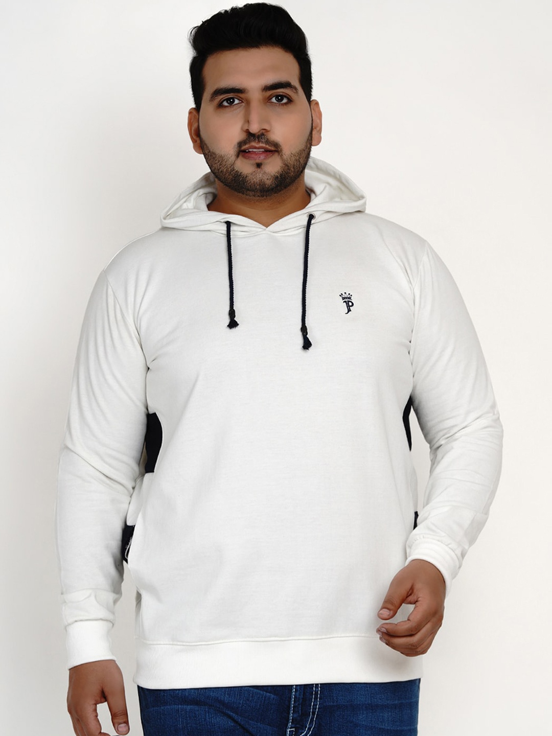 

John Pride Men Off-White & Navy Blue Solid Hooded Sweatshirt