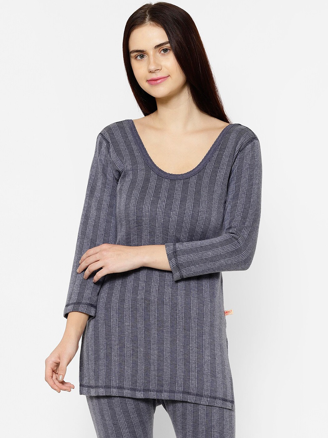 

VIMAL JONNEY Women Grey Striped Thermal Top, Navy blue