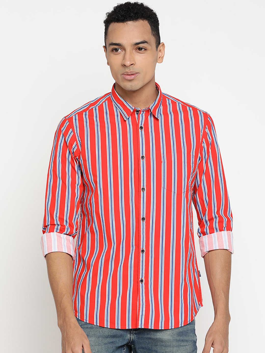 

Pepe Jeans Men Orange & White Regular Fit Striped Casual Shirt