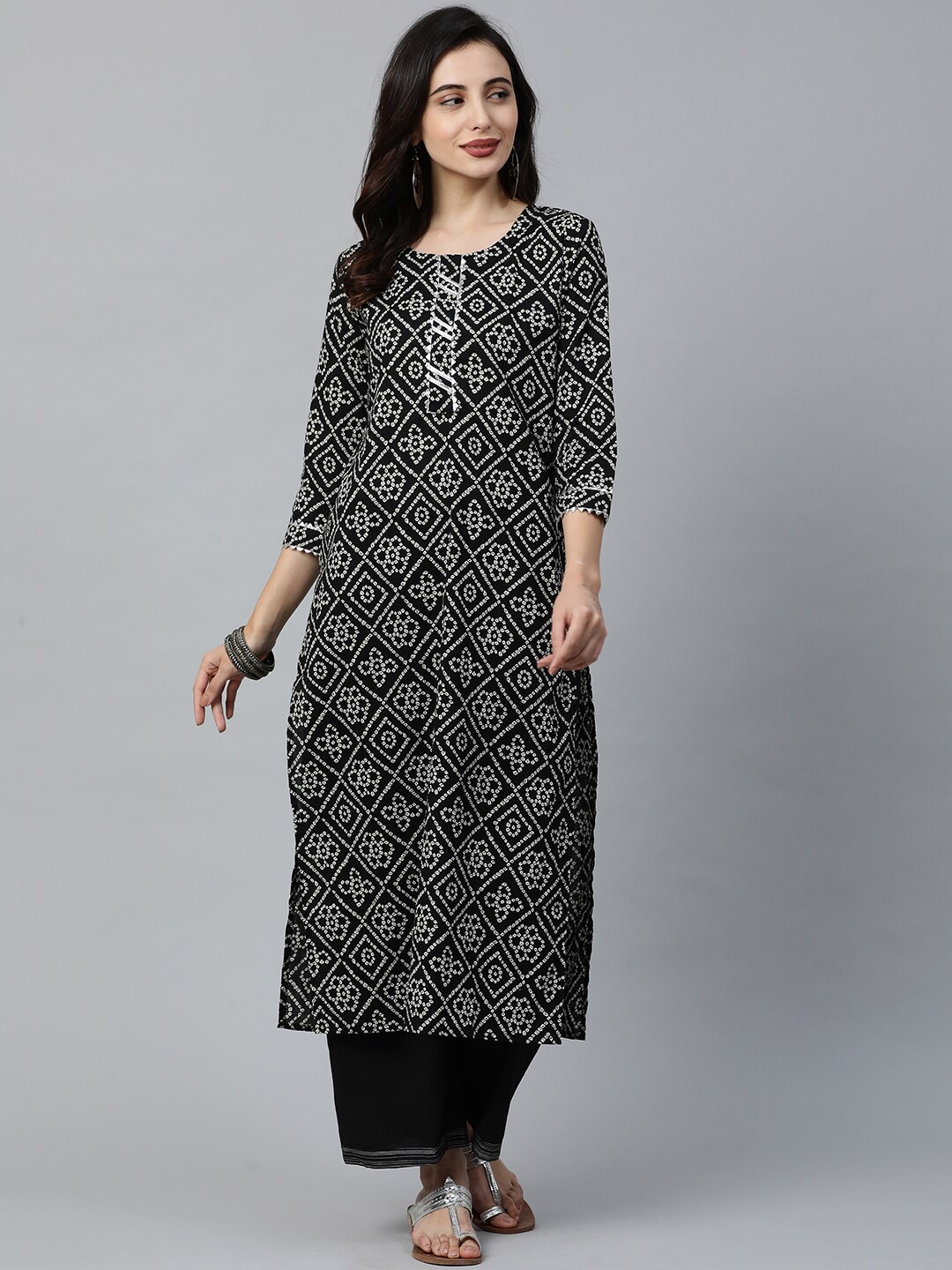 

Indo Era Women Black & White Printed Straight Kurta