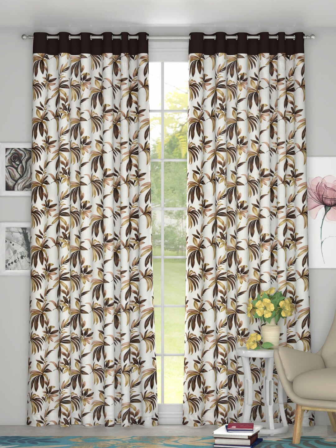 

Kuber Industries White & Brown Set of 2 Door Curtains