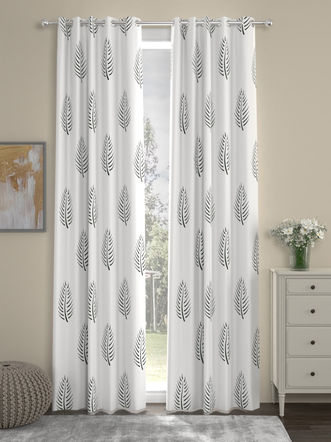 

URBAN SPACE Off-White & Green Set of 2 Long Door Curtains