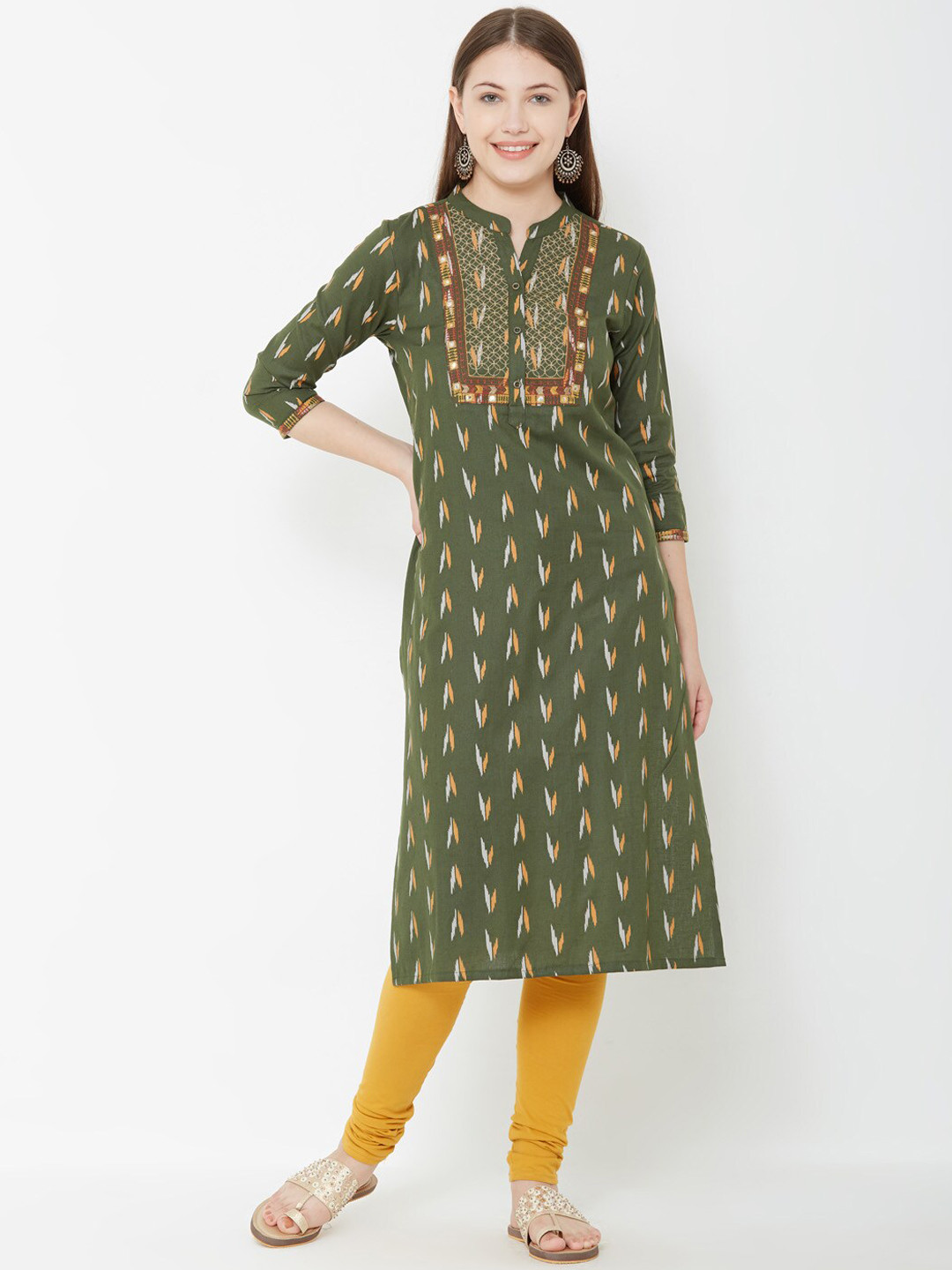 

FASHOR Women Green & Yellow Printed A-Line Kurta