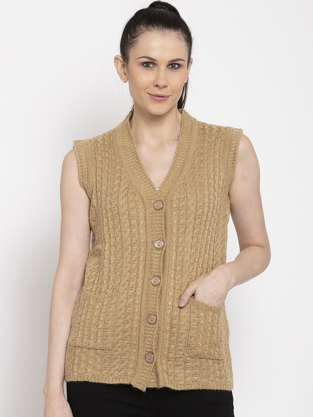 

VANYA Women Brown Self Design Cardigan Sweater