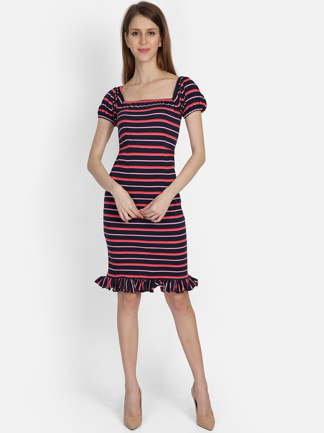 

Yaadleen Women Navy Blue & Pink Striped Sheath Dress