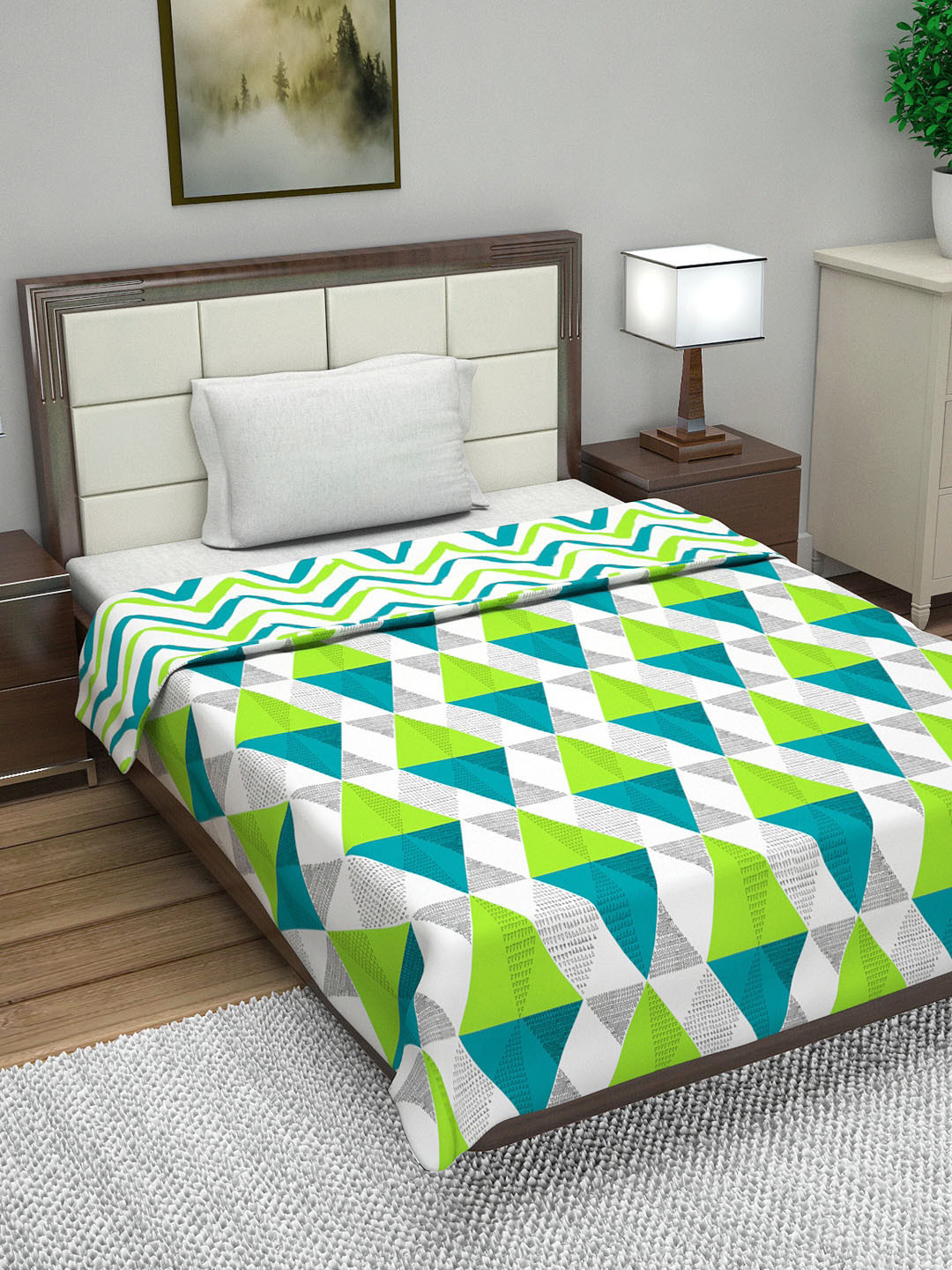 

Divine Casa Green & Turquoise Blue Geometric AC Room 110 GSM Single Bed Dohar