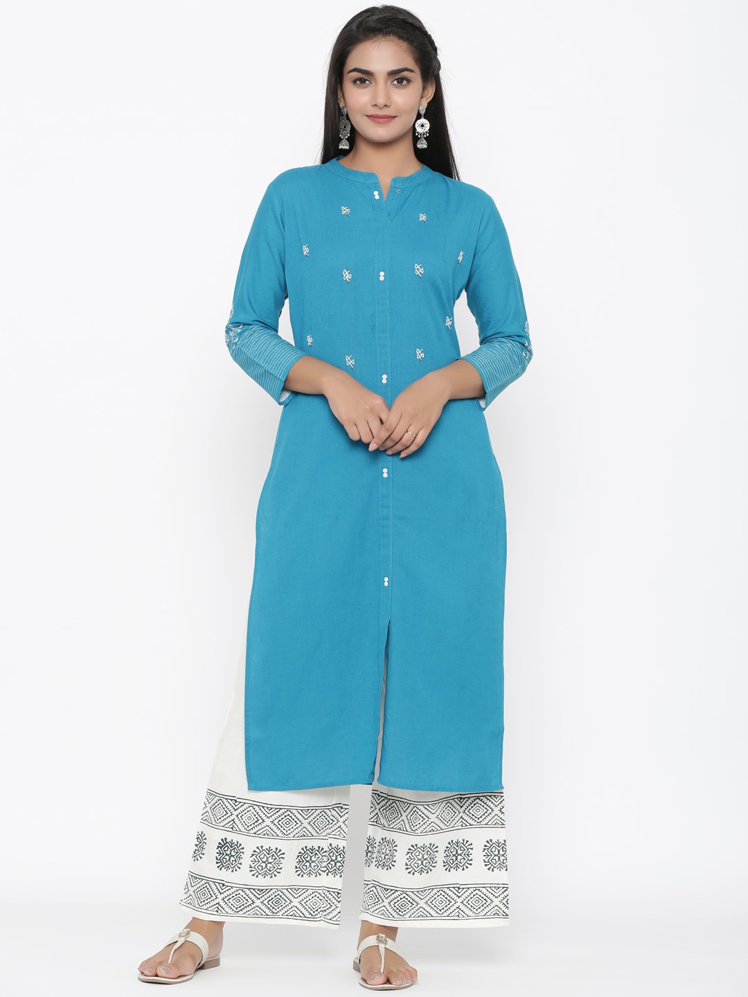 

Yufta Women Teal Blue White Embroidered Kurta with Palazzos