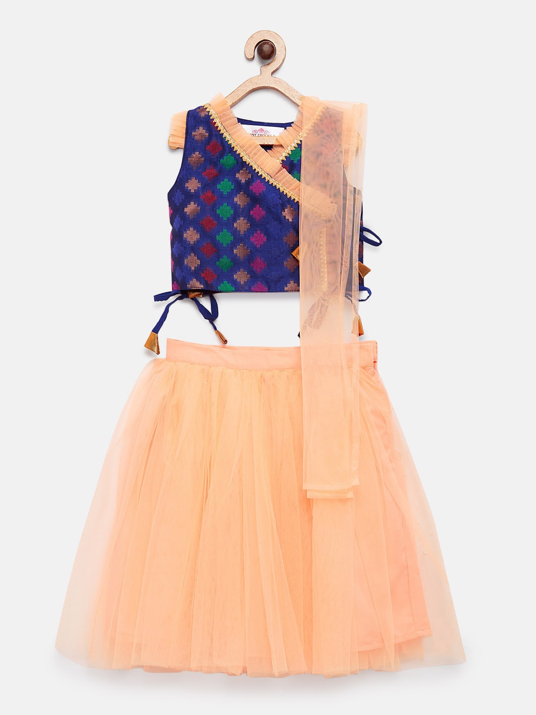 

MANY FROCKS & Girls Blue & Peach-Coloured Self Design Top with Skirt