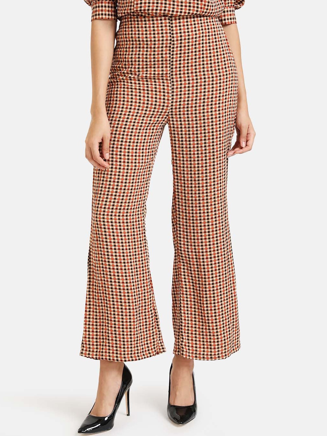 

Kazo Women Brown & Red Loose Fit Checked Bootcut Trousers