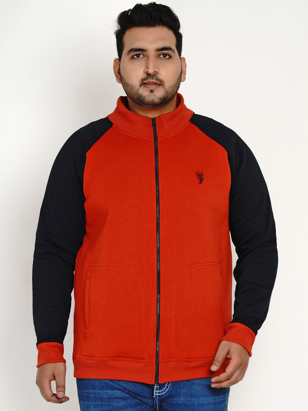 

John Pride Men Coral & Navy Blue Colourblocked Plus Size Sweatshirt, Red
