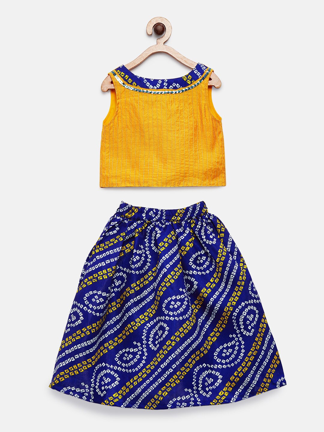 

MANY FROCKS & Girls Mustard Yellow & Blue Embellished Top with Skirt