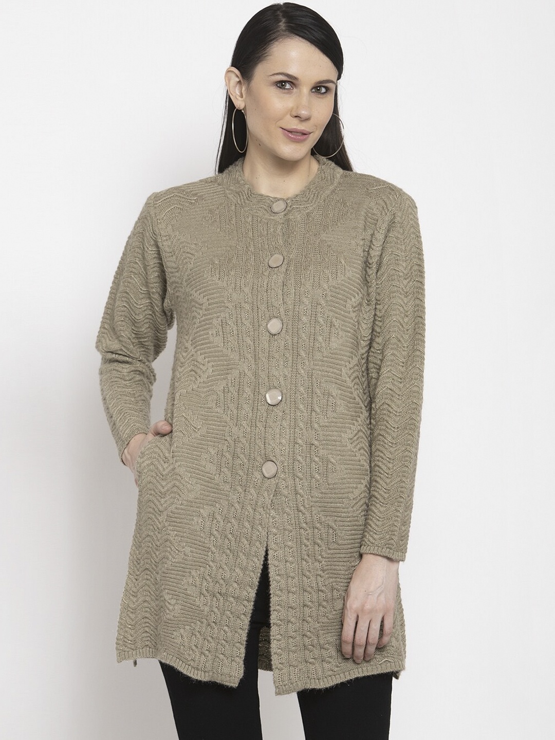 

VANYA Women Brown Self Design Cardigan Sweater