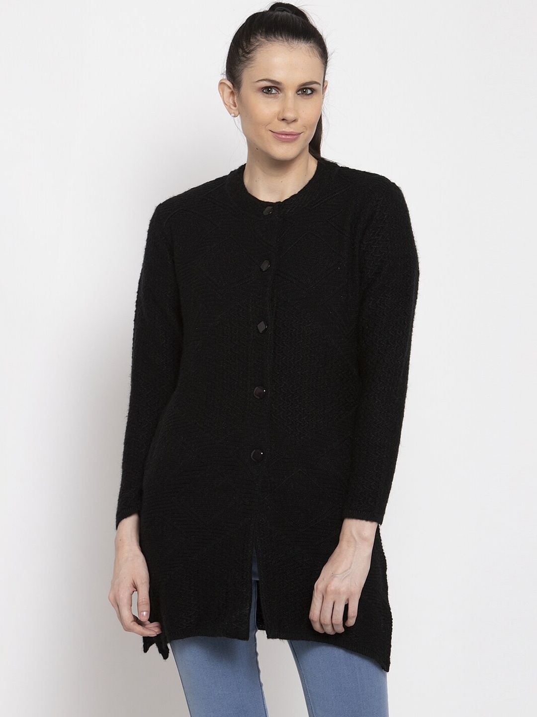

VANYA Women Black Self Design Cardigan Sweater