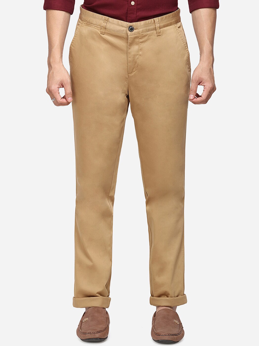 

JADE BLUE Men Khaki Brown Solid Regular Trousers