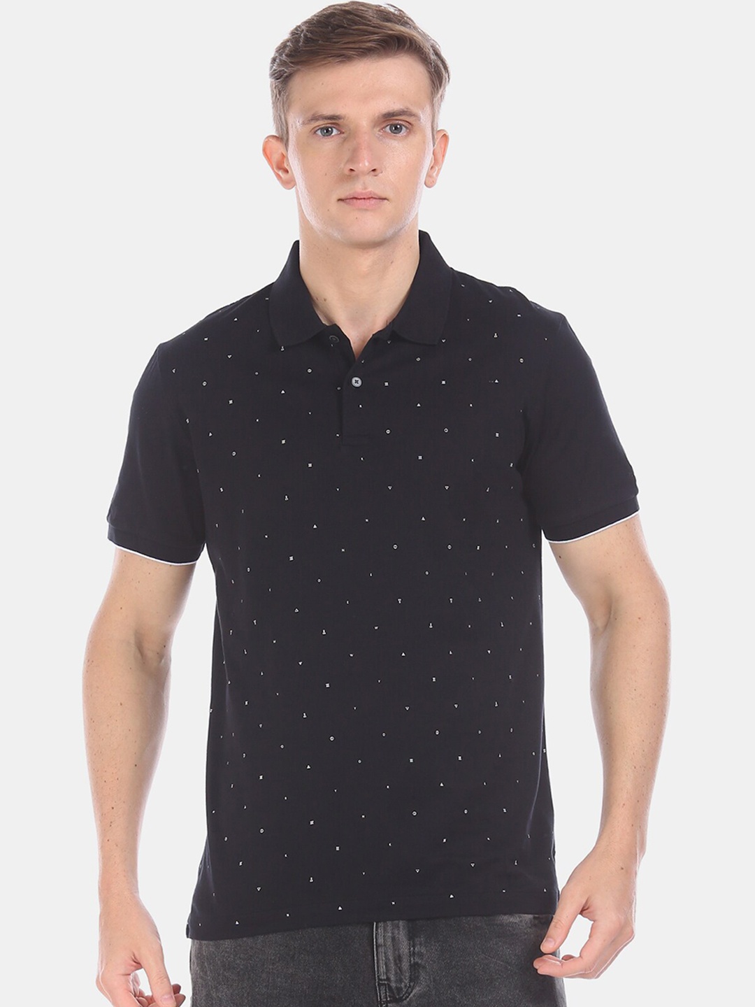 

Arrow Men Black Printed Polo Collar Pure Cotton T-shirt