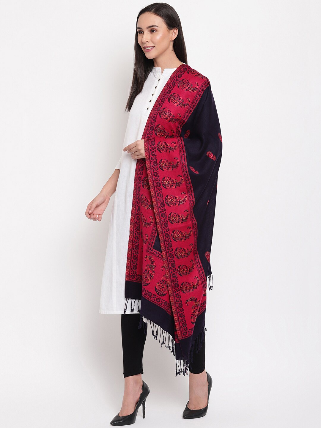 

HK colours of fashion Women Navy Blue & Pink Woven Design Stole