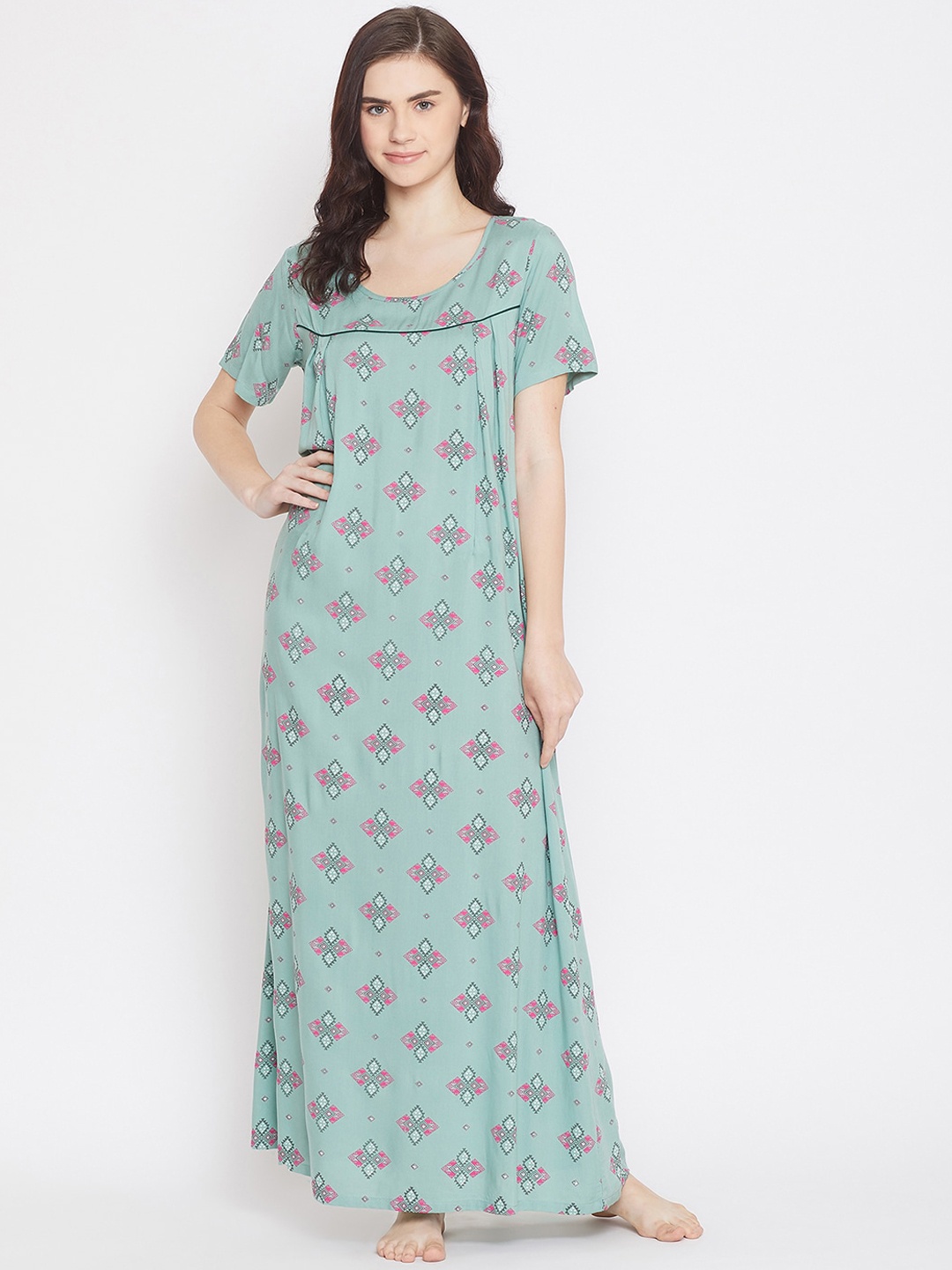 

Clovia Green & Pink Printed Maternity Nightdress