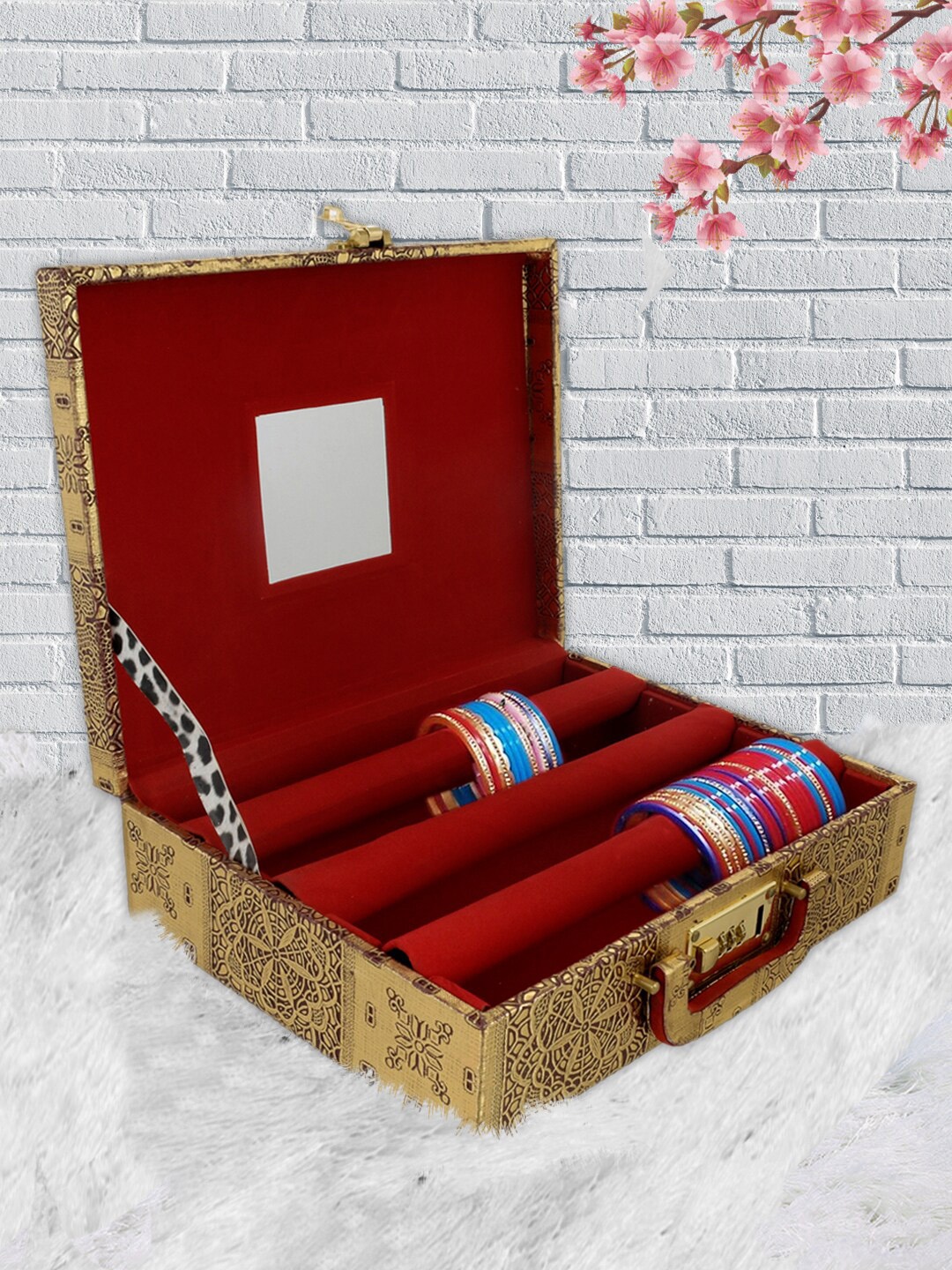 

Kuber Industries Gold-Toned Embossed Wooden Three Rod Bangle Storage Box With Lock System