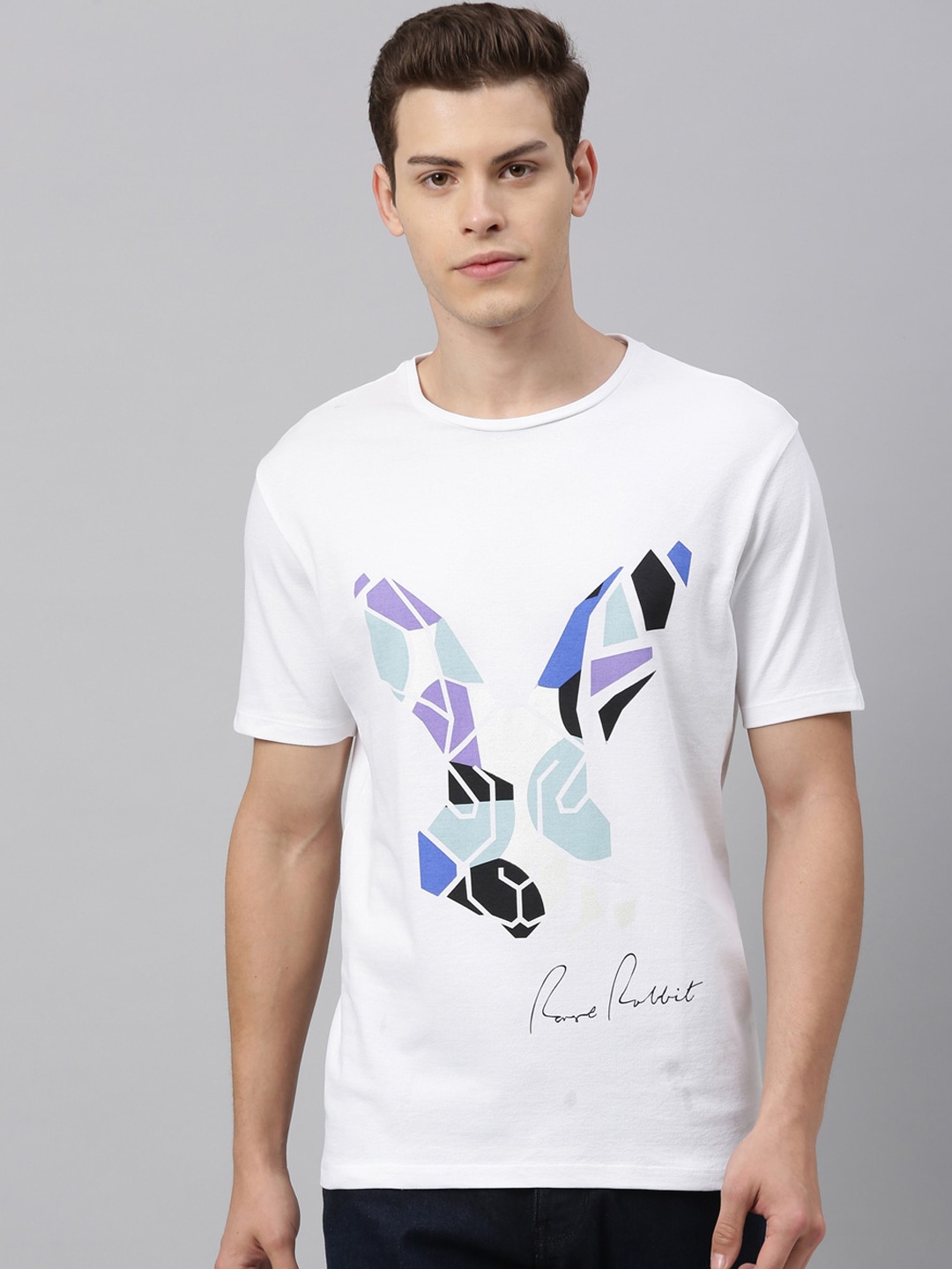 

RARE RABBIT Men White Printed Round Neck T-shirt