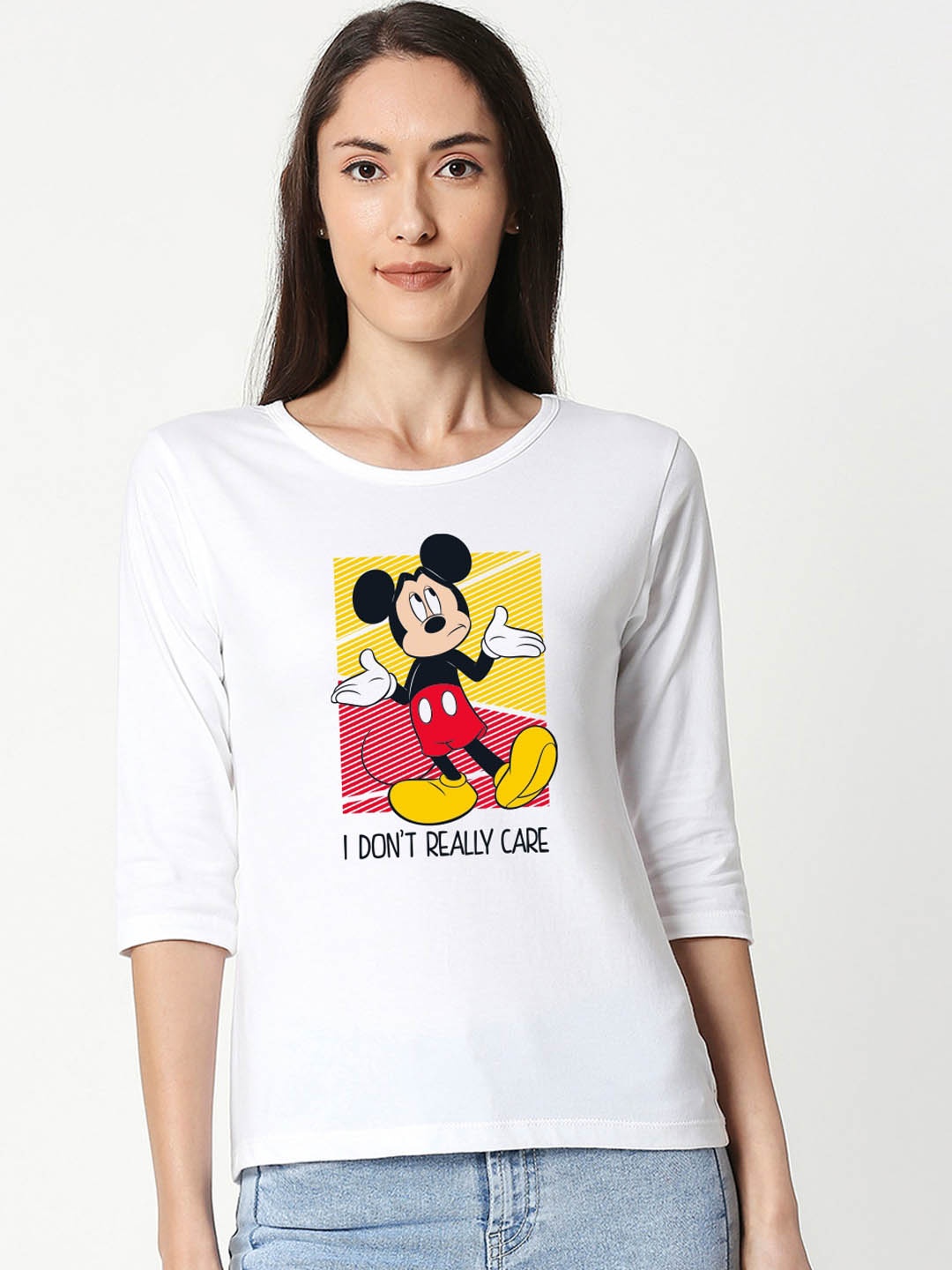 

Bewakoof Women White Mickey Don't Care Printed Round Neck T-shirt