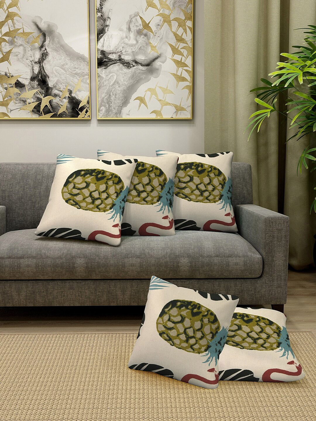 

KLOTTHE Off-White & Green Set of 5 Quirky Square Cushion Covers