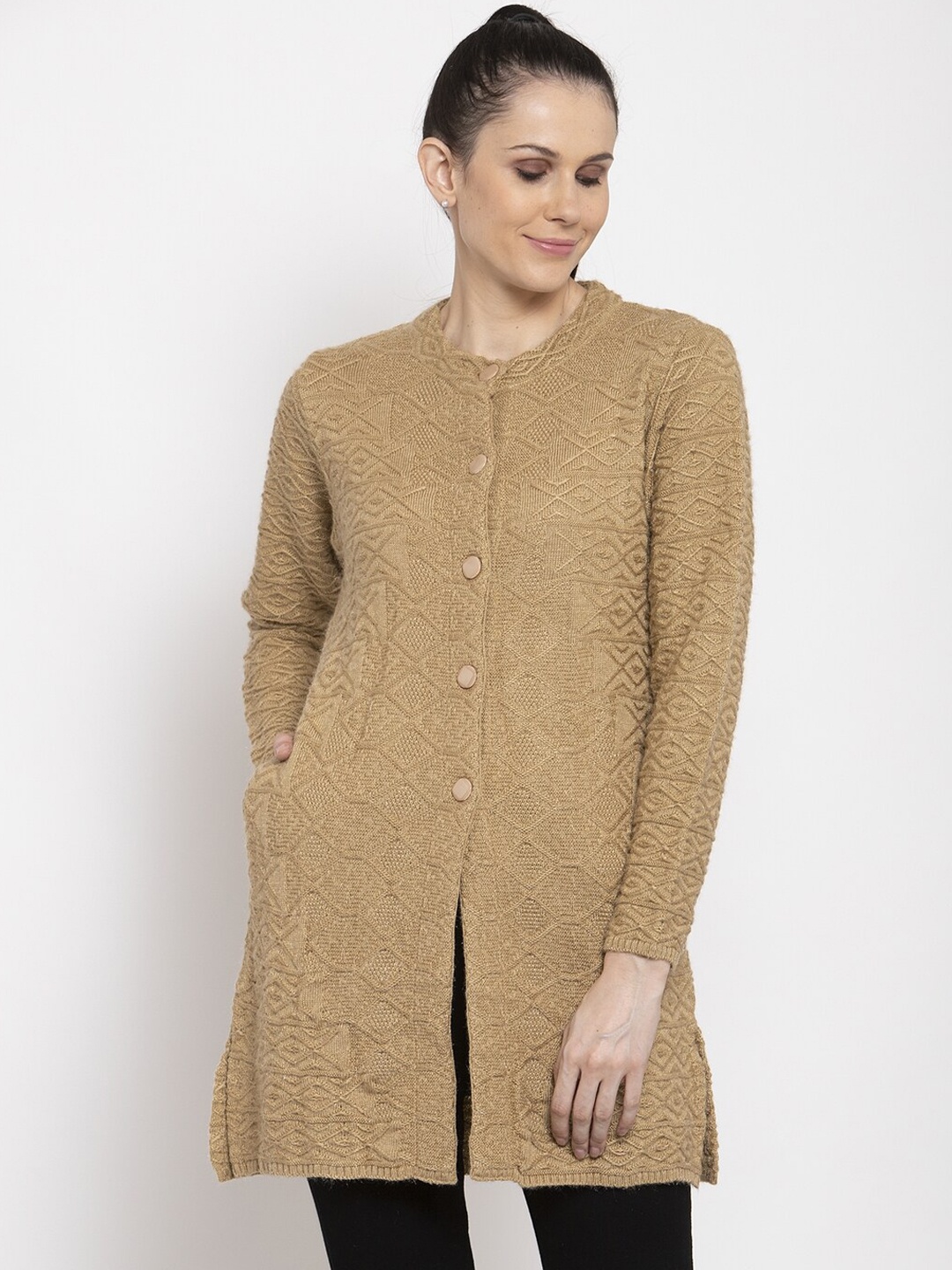 

VANYA Women Brown Self Design Cardigan Sweater