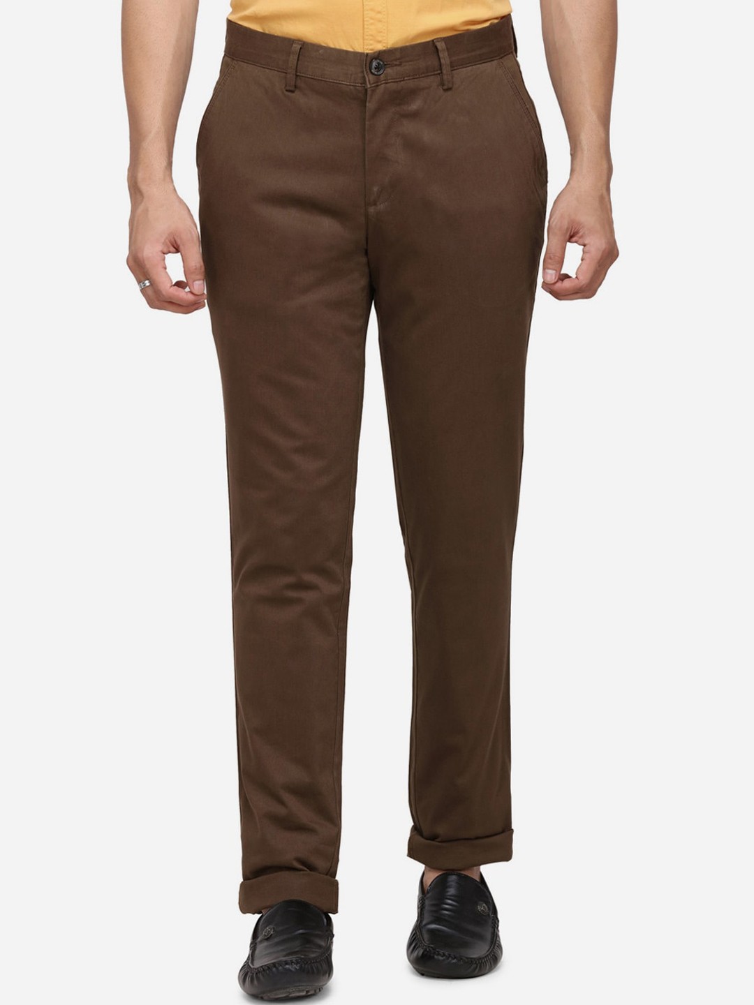 

JADE BLUE Men Brown Solid Regular Trousers