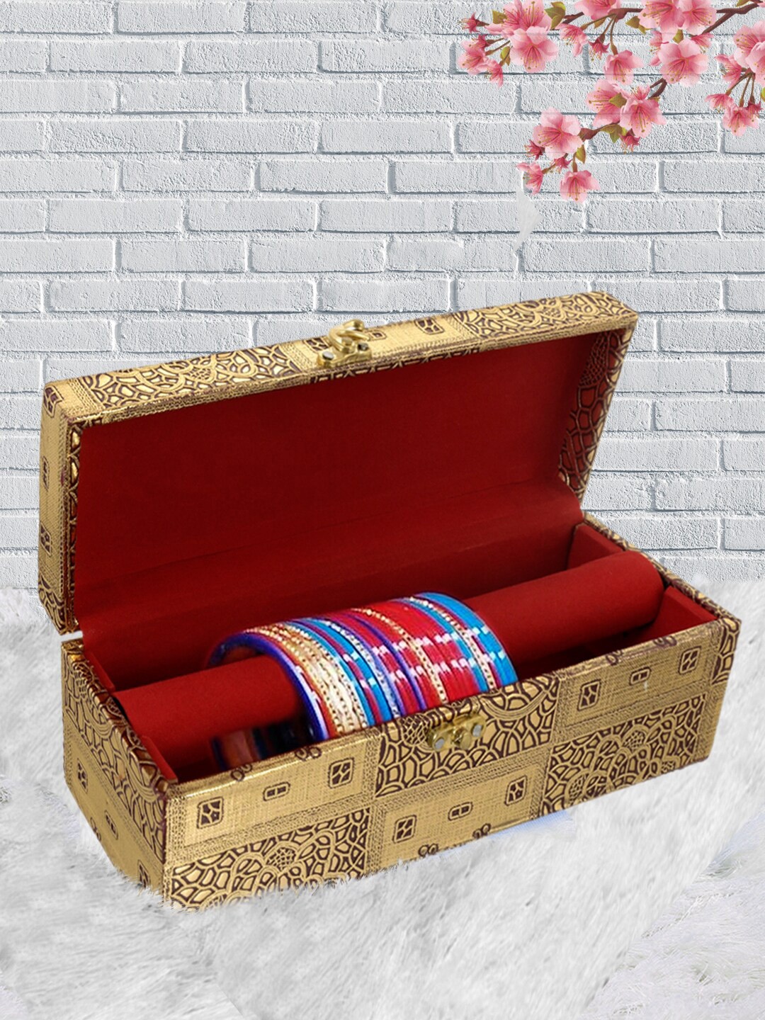 

Kuber Industries Gold & Brown Wooden One Rod Bangle Storage Box with Lock System