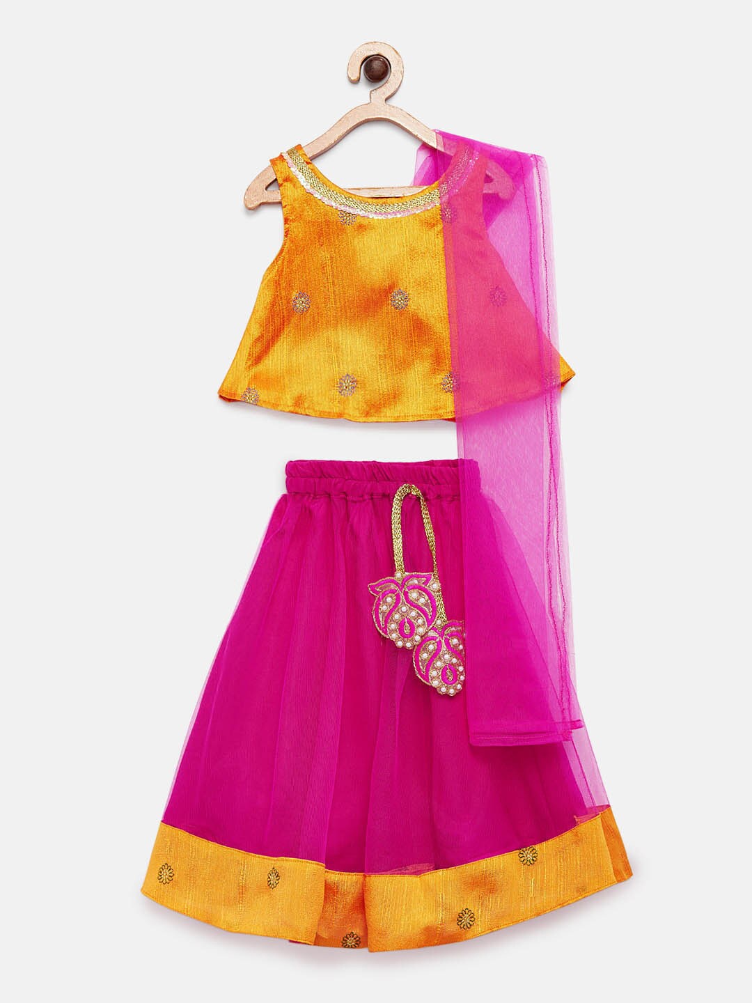 

MANY FROCKS & Girls Mustard Yellow & Pink Printed Top with Skirt