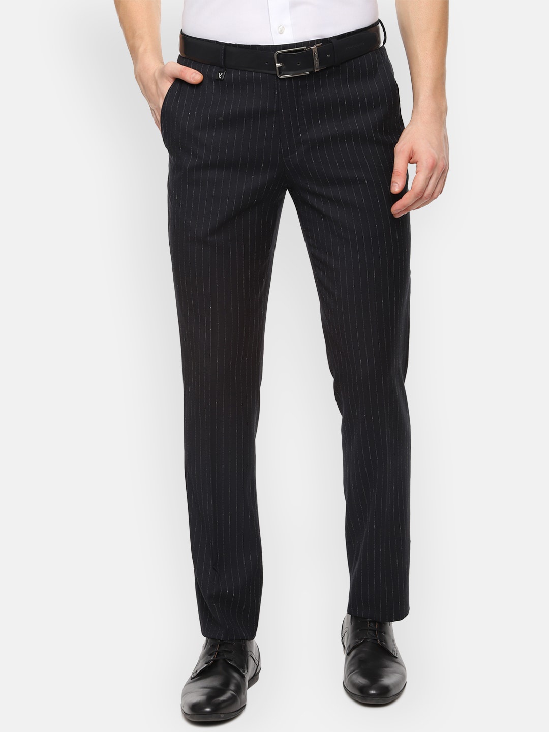 

V Dot Men Black Skinny Fit Striped Formal Trousers