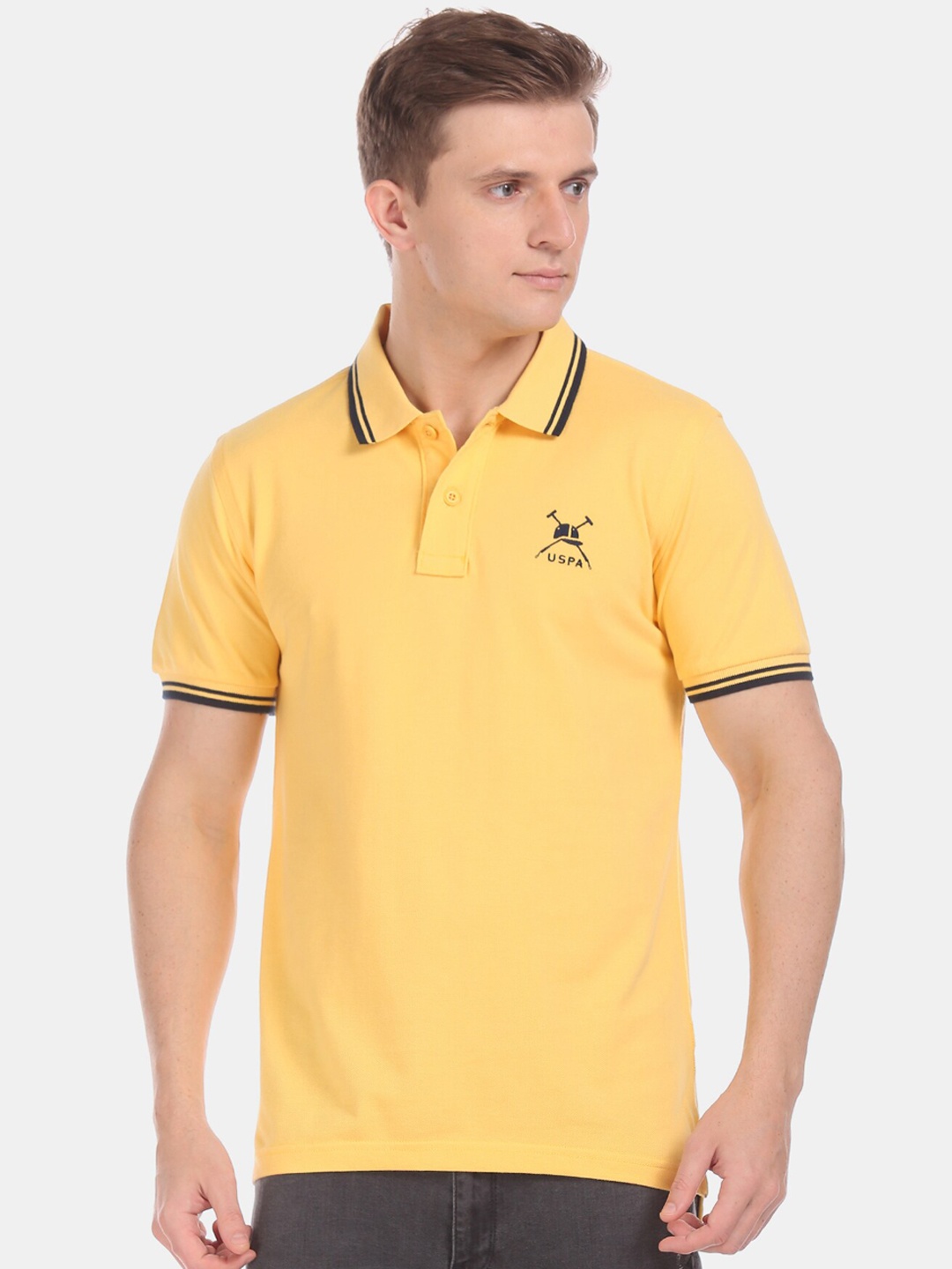 

U.S. Polo Assn. Men Yellow Solid Polo Collar Pure Cotton T-shirt